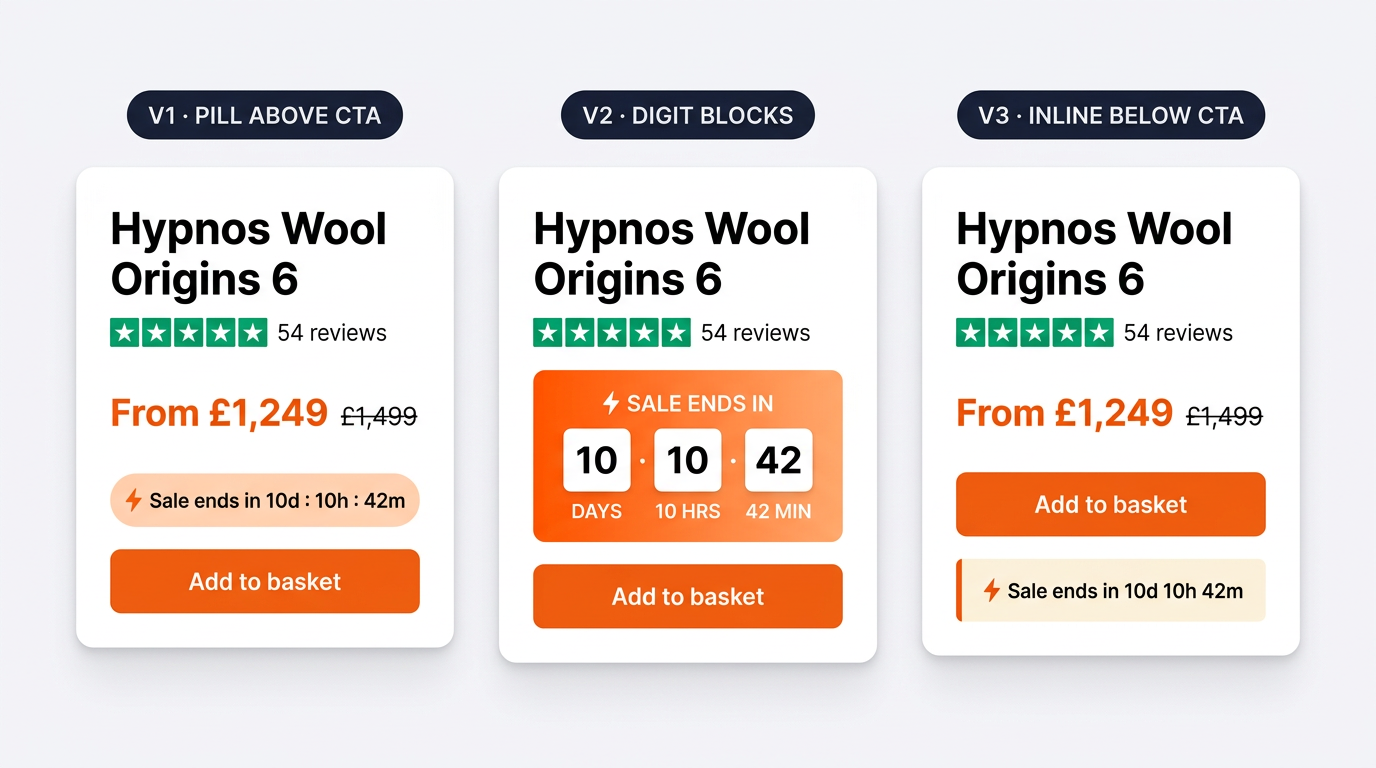 Three variant mockups showing the sale countdown placed near the Add to Basket button: as a pill above the CTA, as a digit block above the CTA, and as an inline bar below the CTA