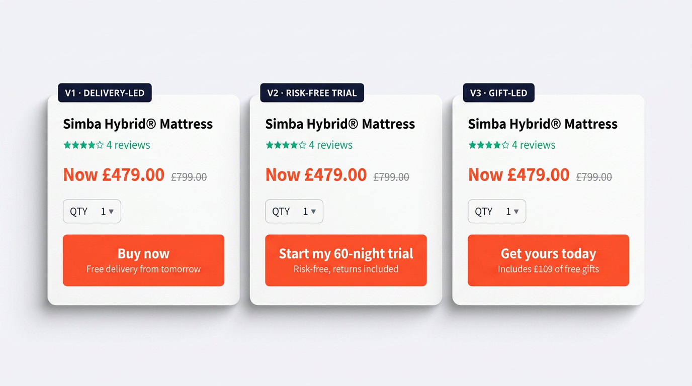 Three variant mockups showing alternative CTA copy: Buy now with free delivery, Start my 60-night trial, and Get yours today with free gift