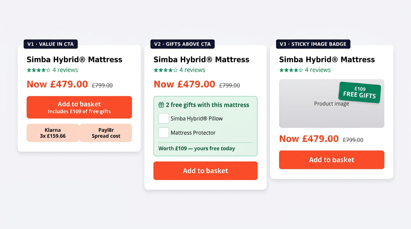 Three variant mockups showing the free gift bundle integrated into the CTA, moved above the CTA, and as a sticky badge on the product image